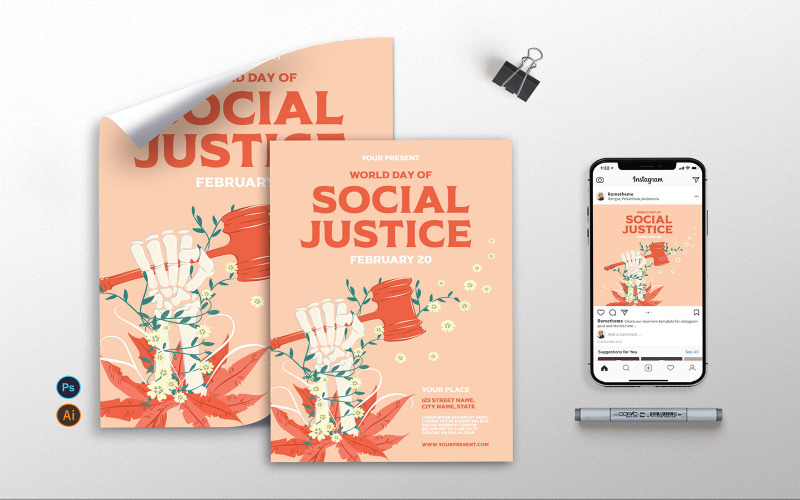 Download Фирменный стиль "Social Justice v2 - Flyer, Poster, Instagram AS - Corporate Identity Template" / Social Justice v2 - Flyer, Poster, Instagram AS - Corporate Identity Template - Фирменный стиль на тему графика international,social,justice,tosca,day,world,sustainable,graphic,print,party,celebration,word,simple,gotic,clean,flyer,poster,instagram
