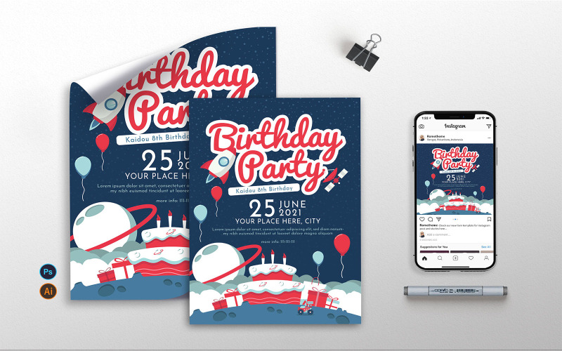 Download Фирменный стиль "Space Birthday Party - Flyer, Poster &amp; Instagram GR" / Space Birthday Party - Flyer, Poster &amp; Instagram GR - Фирменный стиль на тему графика birthday,party,kids,space,events,fun,prints,flyer,poster,instagram post,illustration,vector,template,psd,ai