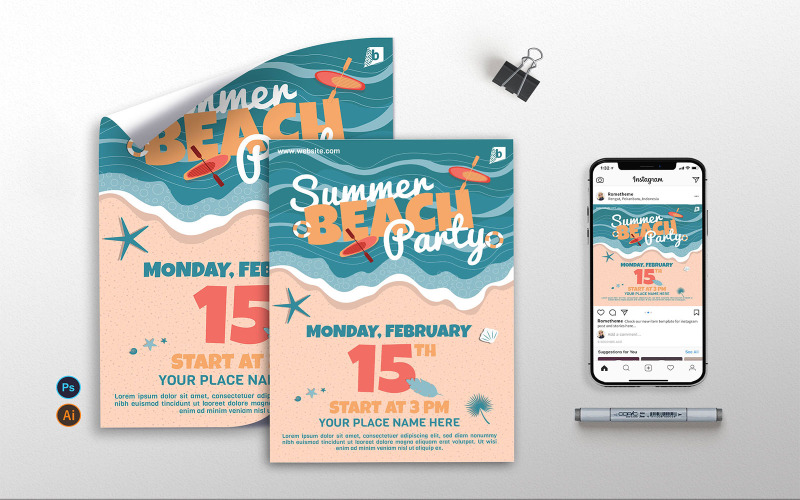 Download Фирменный стиль "Summer Beach Party - Flyer, Poster &amp; Instagram GR" / Summer Beach Party - Flyer, Poster &amp; Instagram GR - Фирменный стиль на тему графика summer,beach,party,events,tropical,fresh,fun,prints,flyer,poster,instagram post,illustration,vector,template,psd,ai