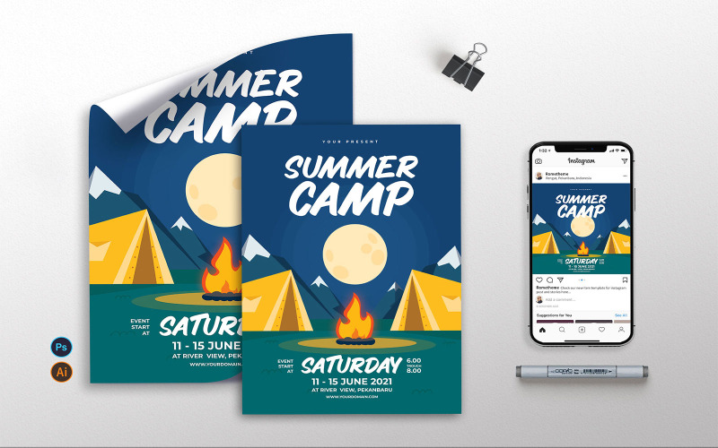 Download Фирменный стиль "Summer Camp vol.01 - Flyer, Poster &amp; Instagram TY" / Summer Camp vol.01 - Flyer, Poster &amp; Instagram TY - Фирменный стиль на тему графика summer,hiking,camping,mountaineering,canoeing,caving,kayaking,rafting,adventure,outdoor,nature,scout,mountain,tent,firecamp,illustration,a3,a4,instagram