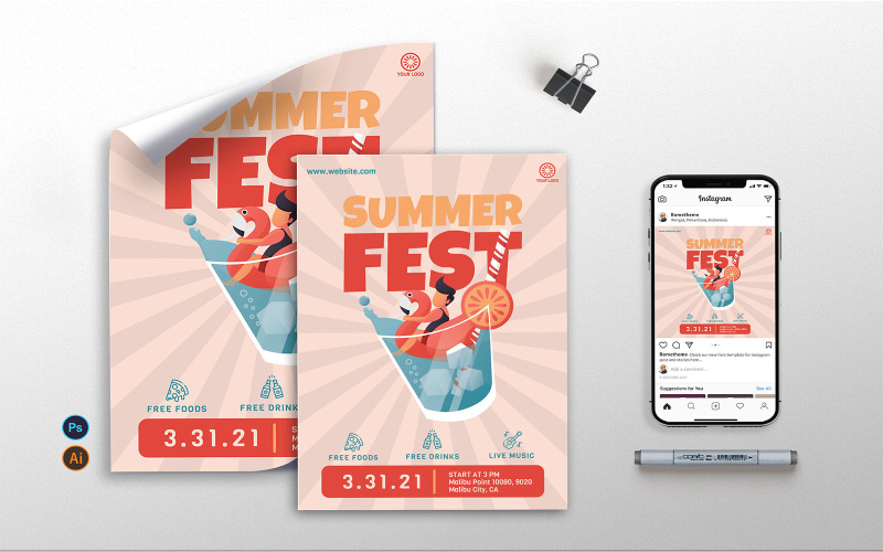 Download Фирменный стиль "Summer Fest - Flyer, Poster &amp; Instagram GR - Corporate Identity Template" / Summer Fest - Flyer, Poster &amp; Instagram GR - Corporate Identity Template - Фирменный стиль на тему графика summer,beach,party,events,tropical,fresh,fun,prints,flyer,poster,instagram post,illustration,vector,template,psd,ai