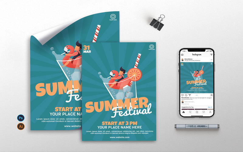 Download Фирменный стиль "Summer Fest v2 - Flyer, Poster &amp; Instagram GR - Corporate Identity Template" / Summer Fest v2 - Flyer, Poster &amp; Instagram GR - Corporate Identity Template - Фирменный стиль на тему графика summer,beach,party,events,tropical,fresh,fun,prints,flyer,poster,instagram post,illustration,vector,template,psd,ai