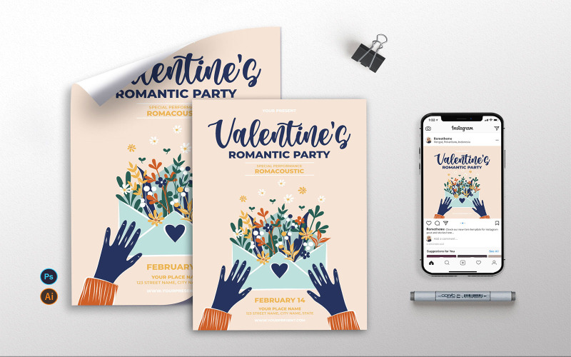 Download Фирменный стиль "Valentine Romantic Party v3 - Flyer, Poster &amp; Instagram AS" / Valentine Romantic Party v3 - Flyer, Poster &amp; Instagram AS - Фирменный стиль на тему графика valentines,day,flyer,template,event,promotion,club,party,couple,romantic,heart,pink,creative,illustration,february,love,celebration