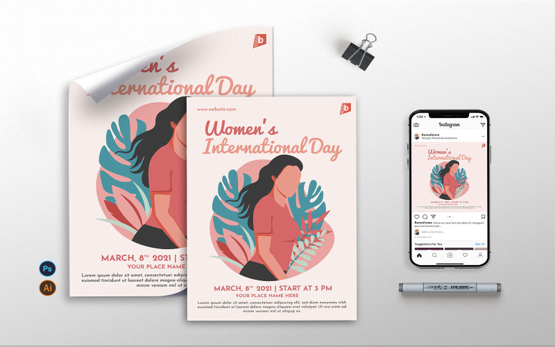 Download Фирменный стиль "Women's International Day - Flyer, Poster &amp; Instagram GR" / Women's International Day - Flyer, Poster &amp; Instagram GR - Фирменный стиль на тему графика events,party,women,female,woman,world,cute,prints,flyer,poster,instagram post,illustration,vector,template,psd,ai