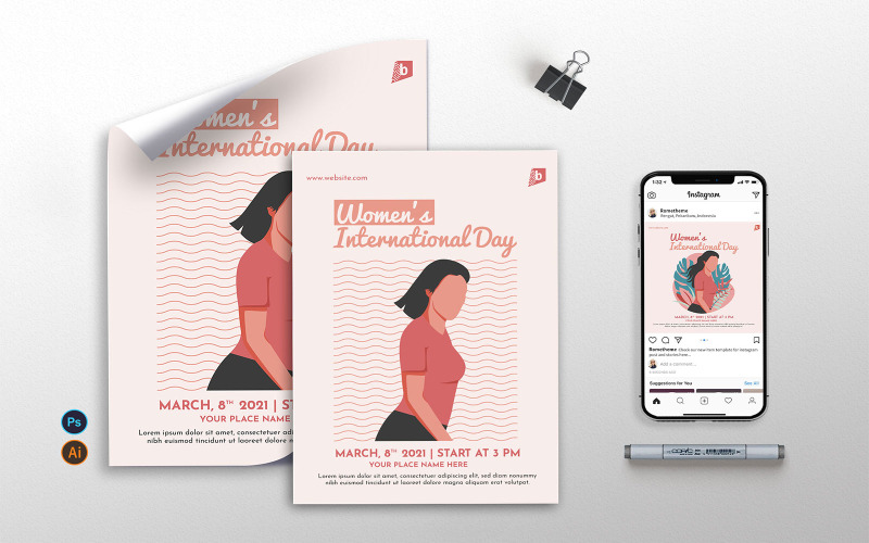 Download Фирменный стиль "Women's International Day v2 - Flyer, Poster &amp; Instagram GR" / Women's International Day v2 - Flyer, Poster &amp; Instagram GR - Фирменный стиль на тему графика events,party,women,female,woman,world,cute,prints,flyer,poster,instagram post,illustration,vector,template,psd,ai