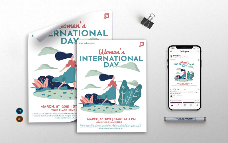 Download Фирменный стиль "Women's International Day v3 - Flyer, Poster &amp; Instagram GR" / Women's International Day v3 - Flyer, Poster &amp; Instagram GR - Фирменный стиль на тему графика events,party,women,female,woman,world,cute,prints,flyer,poster,instagram post,illustration,vector,template,psd,ai