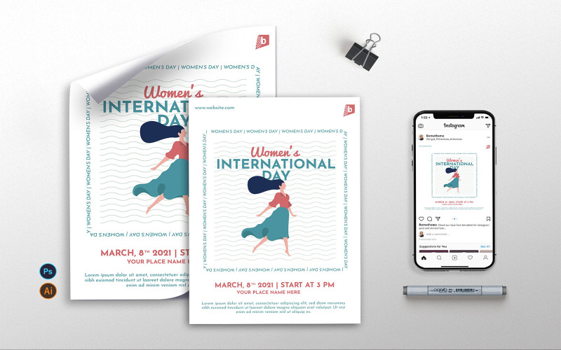Download Фирменный стиль "Women's International Day v4 - Flyer, Poster &amp; Instagram GR" / Women's International Day v4 - Flyer, Poster &amp; Instagram GR - Фирменный стиль на тему графика events,party,women,female,woman,world,cute,prints,flyer,poster,instagram post,illustration,vector,template,psd,ai