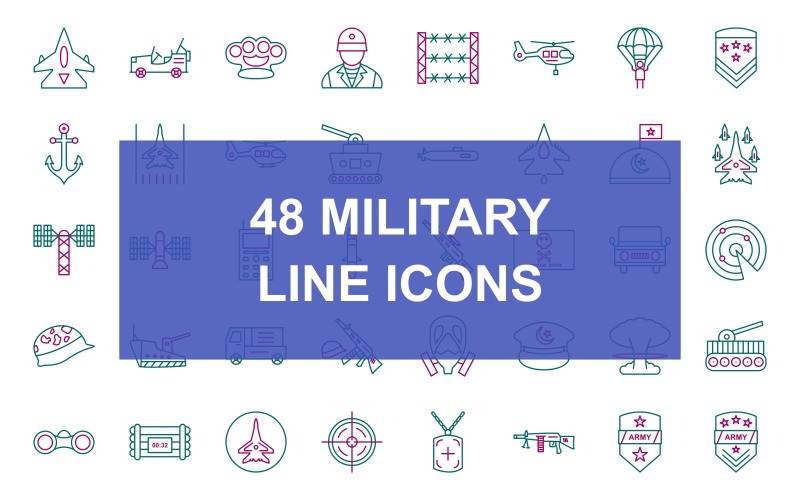 48 Conjunto de ícones de duas cores de linha militar