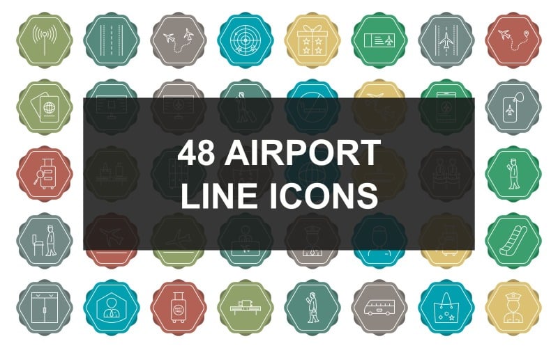 48 Conjunto de ícones multicoloridos de linha de aeroporto