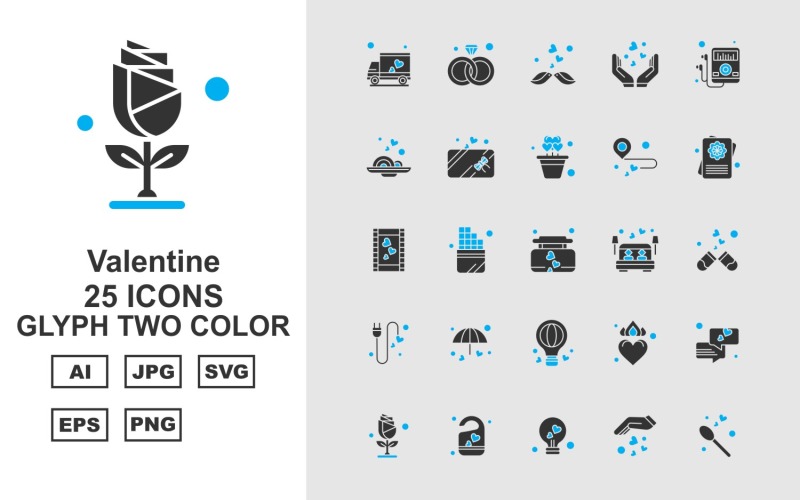 25 Conjunto de iconos de dos colores de glifos de San Valentín premium