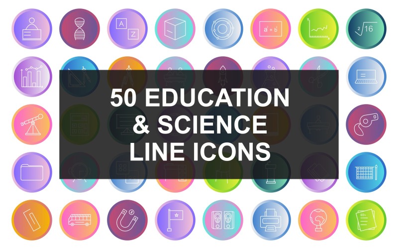 Download Набор иконок "50 Education &amp; Science Line Gradient Round Icon Set" / 50 Education &amp; Science Line Gradient Round Icon Set - Набор иконок на тему science student using laptop,two students studying,student sitting in classroom,school bus,puzzle,equal to,percentage,mathematics,circuit,dna structure,alphabet,cube,atomic structure,formula,graph,sq