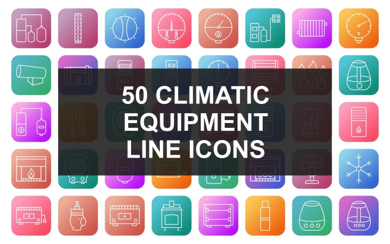 50 éghajlati felszerelés vonal négyzet alakú kerek színátmenet ikon készlet