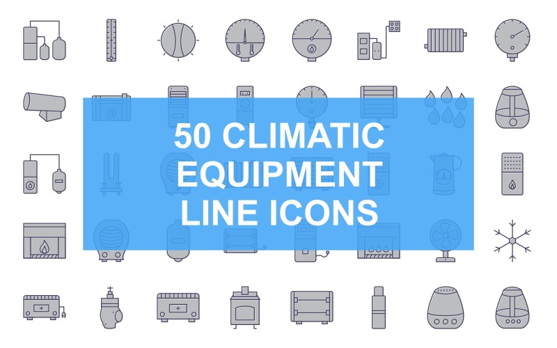 50 éghajlati felszerelés vonallal kitöltött ikonkészlet