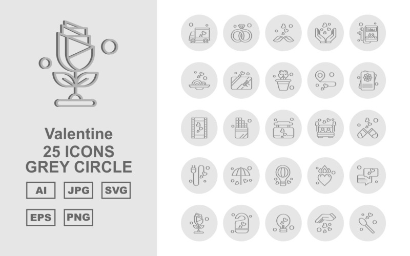 25 Premium-Grauer Kreis-Icon-Set zum Valentinstag