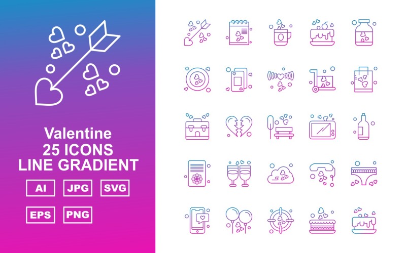 Download Набор иконок "25 Premium Valentine Line Gradient Icon Set" / 25 Premium Valentine Line Gradient Icon Set - Набор иконок на тему culture arrow,heart broken,cloud,telephone,underwea,mobile,balloon,target,cake,document,tea,bottle,heart,phone,wifi,trolly,bag,briefcase,bench,mobile tablet