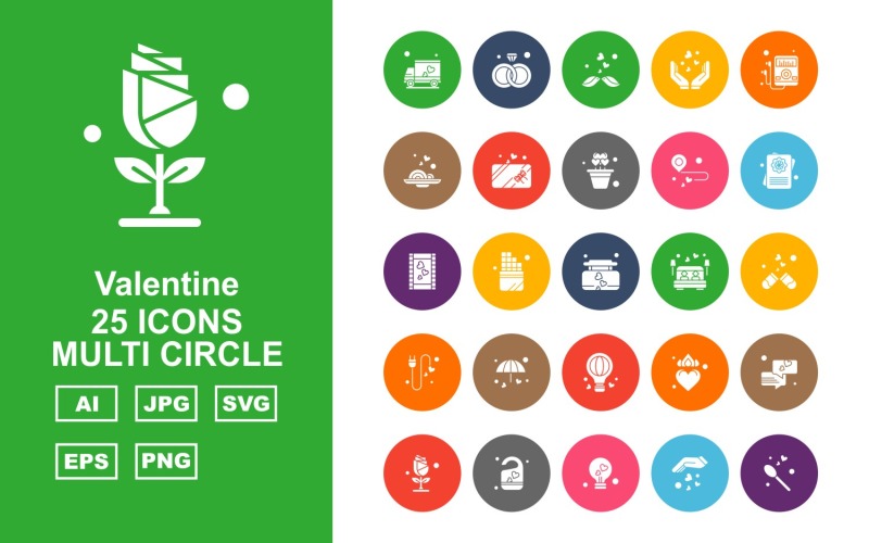 Download Набор иконок "25 Premium Valentine Multi Circle Icon Set" / 25 Premium Valentine Multi Circle Icon Set - Набор иконок на тему culture van,face wish,heart,chat,flower,lock,bulb,hand,spoon,ring,bird,mp3,disk,gift,pot,love point,document,film clip,perfume,bed room