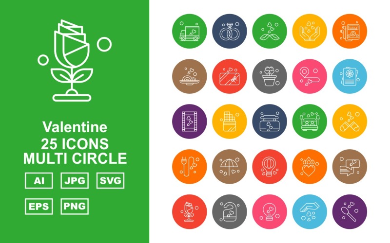 Download Набор иконок "25 Premium Valentine Multi Circle Icon Set" / 25 Premium Valentine Multi Circle Icon Set - Набор иконок на тему culture van,face wish,heart,chat,flower,lock,bulb,hand,spoon,ring,bird,mp3,disk,gift,pot,love point,document,film clip,perfume,bed room