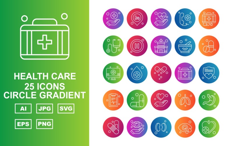 25 Conjunto de ícones de gradiente de círculo de saúde premium