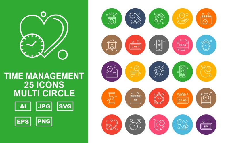 25 Conjunto de iconos de múltiples círculos de gestión de tiempo premium