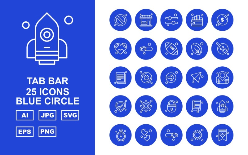 25 Ensemble d'icônes de cercle bleu Premium Tab Bar