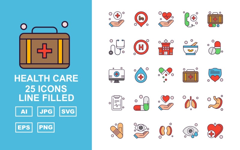 Ensemble d'icônes rempli de 25 lignes de soins de santé Premium