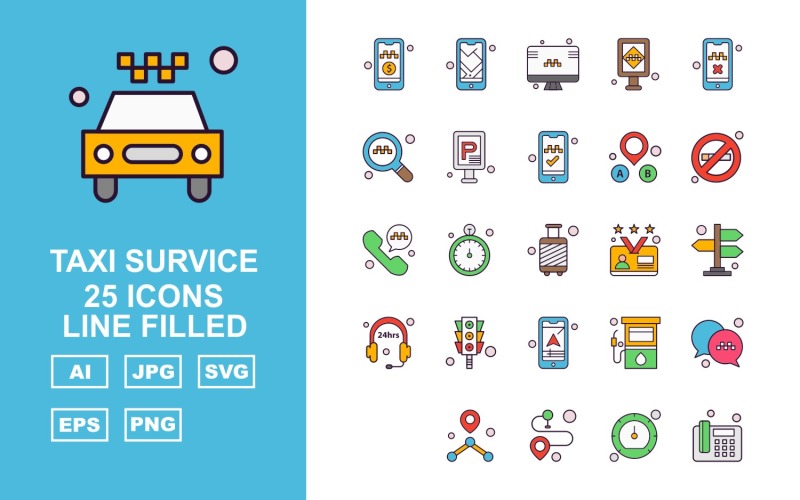Ensemble d'icônes rempli de 25 lignes de survie en taxi premium