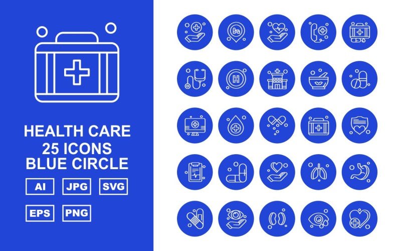 Download Набор иконок "25 Premium Health Care Blue Circle Icon Set" / 25 Premium Health Care Blue Circle Icon Set - Набор иконок на тему medical hand,location,kidney,stomach,bandage,eye,heart,heart beat,telephone,suitcase,stethoscope,hospital,bowl,medicine,lcd,briefcase,shield,document,icon,icons