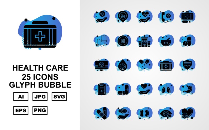 Download Набор иконок "25 Premium Health Care Glyph Bubble Icon Set" / 25 Premium Health Care Glyph Bubble Icon Set - Набор иконок на тему medical hand,location,kidney,stomach,bandage,eye,heart,heart beat,telephone,suitcase,stethoscope,hospital,bowl,medicine,lcd,briefcase,shield,document,icon,icons