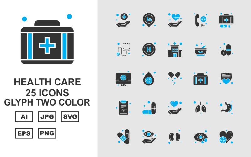 Download Набор иконок "25 Premium Health Care Glyph Two Color Icon Set" / 25 Premium Health Care Glyph Two Color Icon Set - Набор иконок на тему medical hand,location,kidney,stomach,bandage,eye,heart,heart beat,telephone,suitcase,stethoscope,hospital,bowl,medicine,lcd,briefcase,shield,document,icon,icons