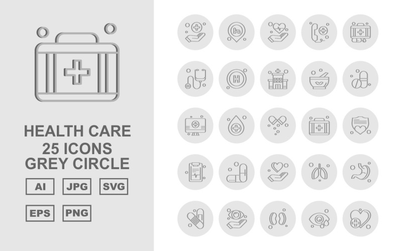 Download Набор иконок "25 Premium Health Care Grey Circle Icon Set" / 25 Premium Health Care Grey Circle Icon Set - Набор иконок на тему medical hand,location,kidney,stomach,bandage,eye,heart,heart beat,telephone,suitcase,stethoscope,hospital,bowl,medicine,lcd,briefcase,shield,document,icon,icons