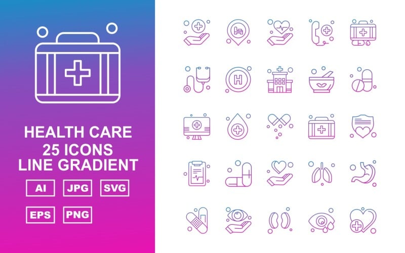 Download Набор иконок "25 Premium Health Care Line Gradient Icon Set" / 25 Premium Health Care Line Gradient Icon Set - Набор иконок на тему medical hand,location,kidney,stomach,bandage,eye,heart,heart beat,telephone,suitcase,stethoscope,hospital,bowl,medicine,lcd,briefcase,shield,document,icon,icons