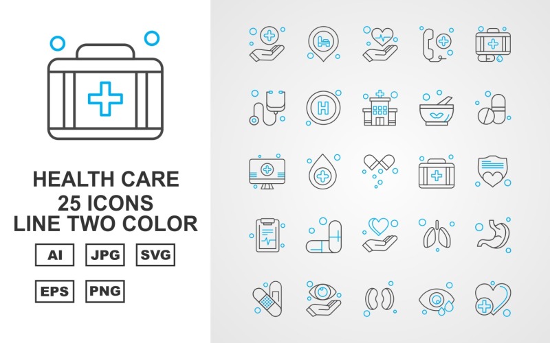 Download Набор иконок "25 Premium Health Care Line Two Color Icon Set" / 25 Premium Health Care Line Two Color Icon Set - Набор иконок на тему medical hand,location,kidney,stomach,bandage,eye,heart,heart beat,telephone,suitcase,stethoscope,hospital,bowl,medicine,lcd,briefcase,shield,document,icon,icons