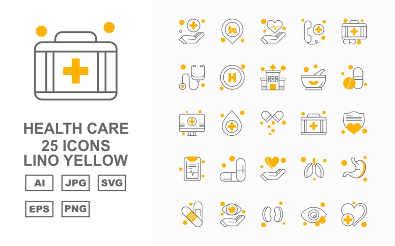 Download Набор иконок "25 Premium Health Care Lino Yellow Icon Set" / 25 Premium Health Care Lino Yellow Icon Set - Набор иконок на тему medical hand,location,kidney,stomach,bandage,eye,heart,heart beat,telephone,suitcase,stethoscope,hospital,bowl,medicine,lcd,briefcase,shield,document,icon,icons