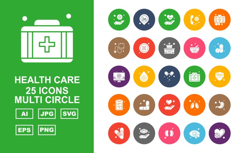 25 Premium Health Care Multi Circle Ikonuppsättning