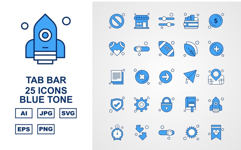 Download Набор иконок "25 Premium Tab Bar Blue Tone Icon Set" / 25 Premium Tab Bar Blue Tone Icon Set - Набор иконок на тему game block,cross,book mark,rocket,stop watch,puzzle game,equalizer,sun,document,shop,wallet,dollar,heart,rugby,leave,add,direction,paper,location,shield