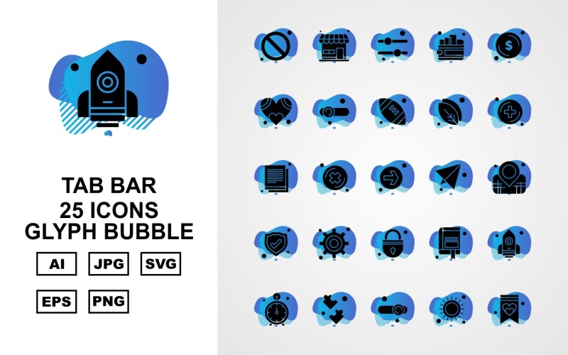 Download Набор иконок "25 Premium Tab Bar Glyph Bubble Icon Set" / 25 Premium Tab Bar Glyph Bubble Icon Set - Набор иконок на тему game block,cross,book mark,rocket,stop watch,puzzle game,equalizer,sun,document,shop,wallet,dollar,heart,rugby,leave,add,direction,paper,location,shield