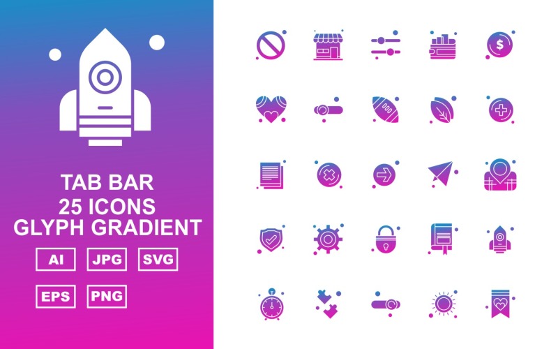 Download Набор иконок "25 Premium Tab Bar Glyph Gradient Icon Set" / 25 Premium Tab Bar Glyph Gradient Icon Set - Набор иконок на тему game block,cross,book mark,rocket,stop watch,puzzle game,equalizer,sun,document,shop,wallet,dollar,heart,rugby,leave,add,direction,paper,location,shield