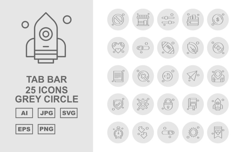 Download Набор иконок "25 Premium Tab Bar Grey Circle Icon Set" / 25 Premium Tab Bar Grey Circle Icon Set - Набор иконок на тему game block,cross,book mark,rocket,stop watch,puzzle game,equalizer,sun,document,shop,wallet,dollar,heart,rugby,leave,add,direction,paper,location,shield
