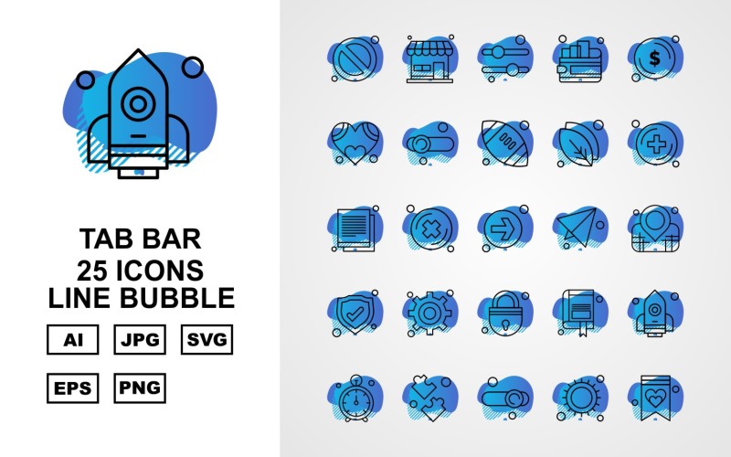 Download Набор иконок "25 Premium Tab Bar Line Bubble Icon Set" / 25 Premium Tab Bar Line Bubble Icon Set - Набор иконок на тему game block,cross,book mark,rocket,stop watch,puzzle game,equalizer,sun,document,shop,wallet,dollar,heart,rugby,leave,add,direction,paper,location,shield