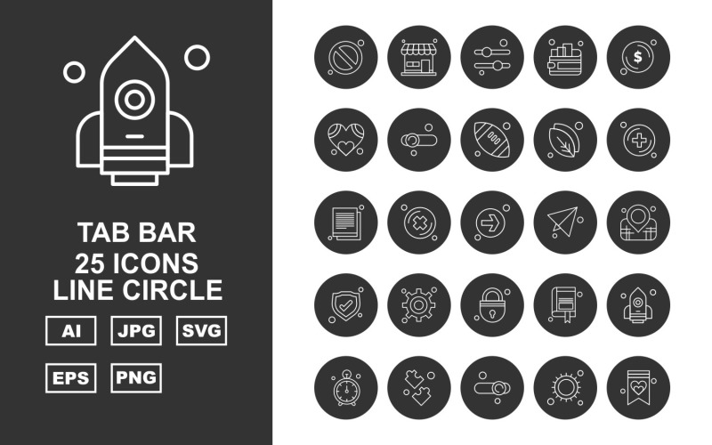 Download Набор иконок "25 Premium Tab Bar Line Circle Icon Set" / 25 Premium Tab Bar Line Circle Icon Set - Набор иконок на тему game block,cross,book mark,rocket,stop watch,puzzle game,equalizer,sun,document,shop,wallet,dollar,heart,rugby,leave,add,direction,paper,location,shield