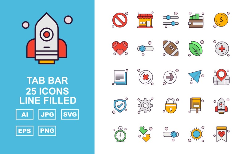 Download Набор иконок "25 Premium Tab Bar Line Filled Icon Set" / 25 Premium Tab Bar Line Filled Icon Set - Набор иконок на тему game block,cross,book mark,rocket,stop watch,puzzle game,equalizer,sun,document,shop,wallet,dollar,heart,rugby,leave,add,direction,paper,location,shield