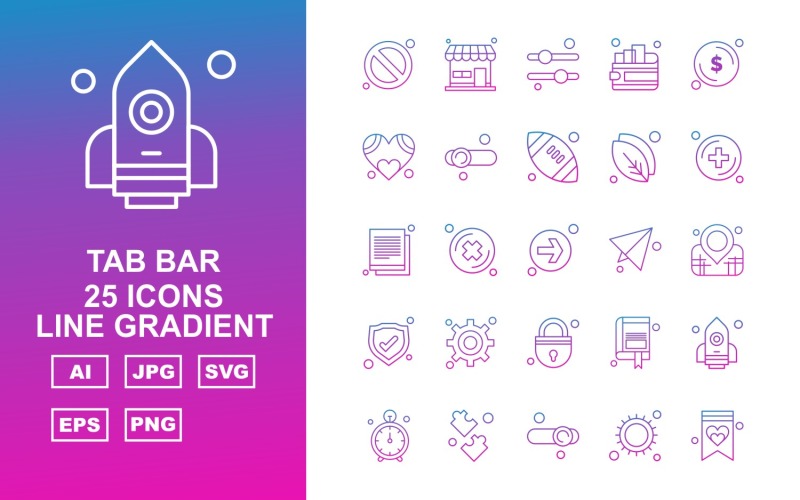 Download Набор иконок "25 Premium Tab Bar Line Gradient Icon Set" / 25 Premium Tab Bar Line Gradient Icon Set - Набор иконок на тему game block,cross,book mark,rocket,stop watch,puzzle game,equalizer,sun,document,shop,wallet,dollar,heart,rugby,leave,add,direction,paper,location,shield