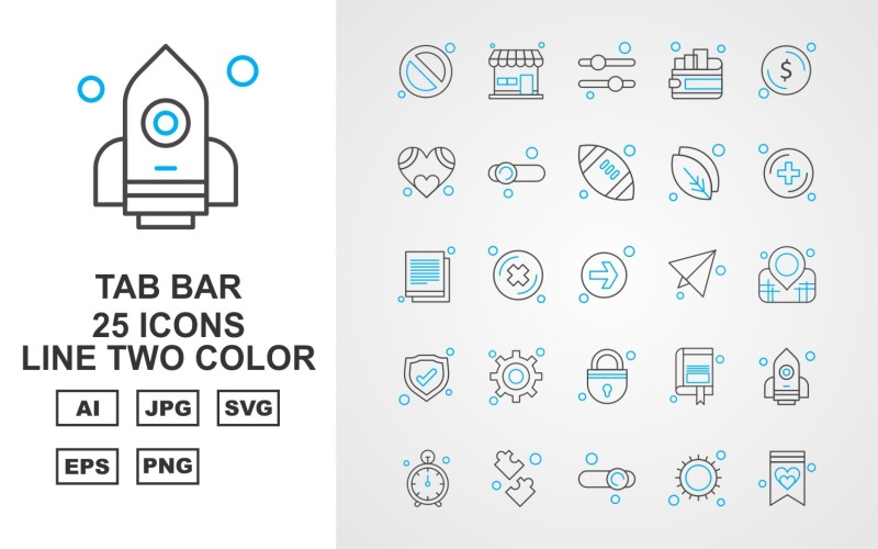 Download Набор иконок "25 Premium Tab Bar Line Two Color Icon Set" / 25 Premium Tab Bar Line Two Color Icon Set - Набор иконок на тему game block,cross,book mark,rocket,stop watch,puzzle game,equalizer,sun,document,shop,wallet,dollar,heart,rugby,leave,add,direction,paper,location,shield