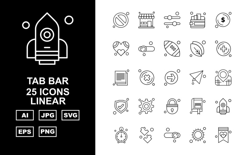 Download Набор иконок "25 Premium Tab Bar Linear Icon Set" / 25 Premium Tab Bar Linear Icon Set - Набор иконок на тему game block,cross,book mark,rocket,stop watch,puzzle game,equalizer,sun,document,shop,wallet,dollar,heart,rugby,leave,add,direction,paper,location,shield