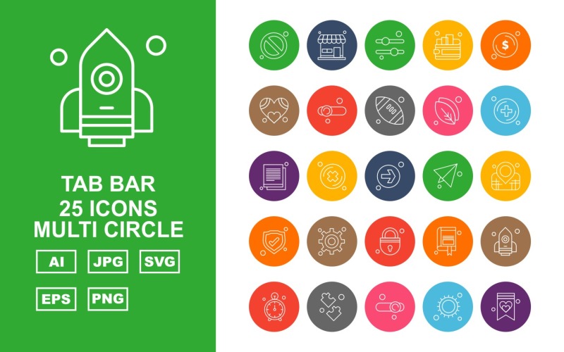 Download Набор иконок "25 Premium Tab Bar Multi Circle Icon Set" / 25 Premium Tab Bar Multi Circle Icon Set - Набор иконок на тему game block,cross,book mark,rocket,stop watch,puzzle game,equalizer,sun,document,shop,wallet,dollar,heart,rugby,leave,add,direction,paper,location,shield