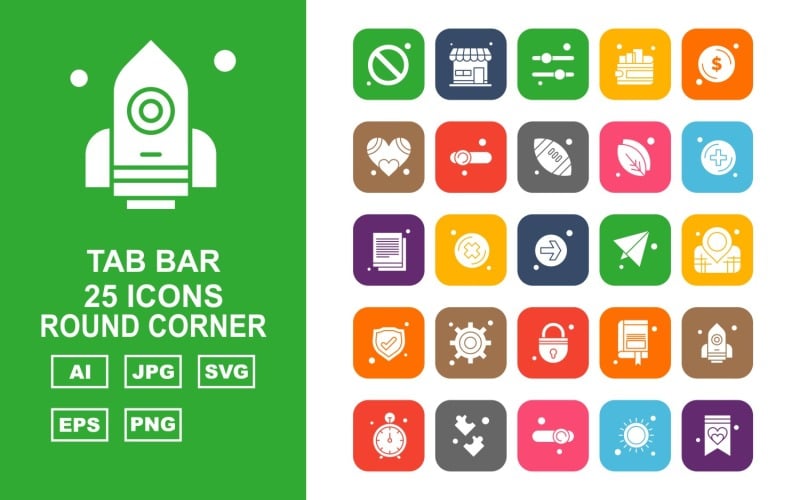 Download Набор иконок "25 Premium Tab Bar Round Corner Icon Set" / 25 Premium Tab Bar Round Corner Icon Set - Набор иконок на тему game block,cross,book mark,rocket,stop watch,puzzle game,equalizer,sun,document,shop,wallet,dollar,heart,rugby,leave,add,direction,paper,location,shield