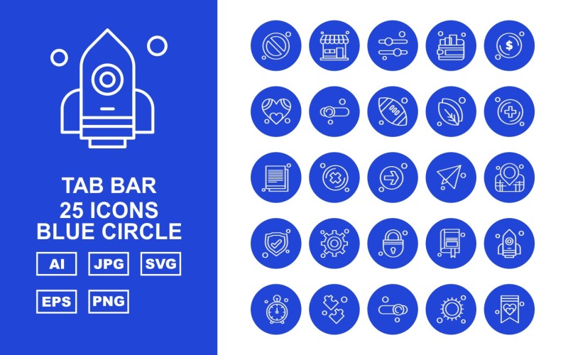 25 Premium tabbladbalk blauwe cirkel pictogramserie