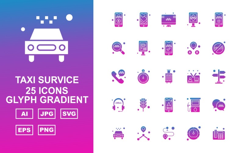 25 Premium Taxi Survice Glyph Gradient Ikonuppsättning