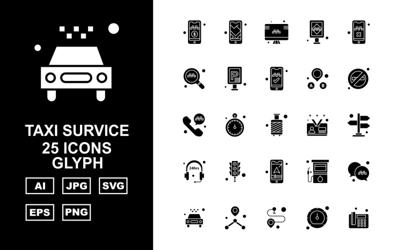 Download Набор иконок "25 Premium Taxi Survice Glyph Icon Set" / 25 Premium Taxi Survice Glyph Icon Set - Набор иконок на тему city mobile,stop watch,gas station,chat,taxi,location,speed meter,telephone,lcd,traffic sign,search,parking sign,phone,forbidden,gas cylinder,office card,direction,24 hour open,traffic signa,icon