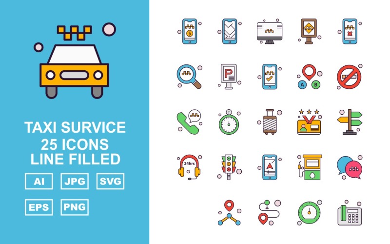Download Набор иконок "25 Premium Taxi Survice Line Filled Icon Set" / 25 Premium Taxi Survice Line Filled Icon Set - Набор иконок на тему city mobile,stop watch,gas station,chat,taxi,location,speed meter,telephone,lcd,traffic sign,search,parking sign,phone,forbidden,gas cylinder,office card,direction,24 hour open,traffic signa,icon